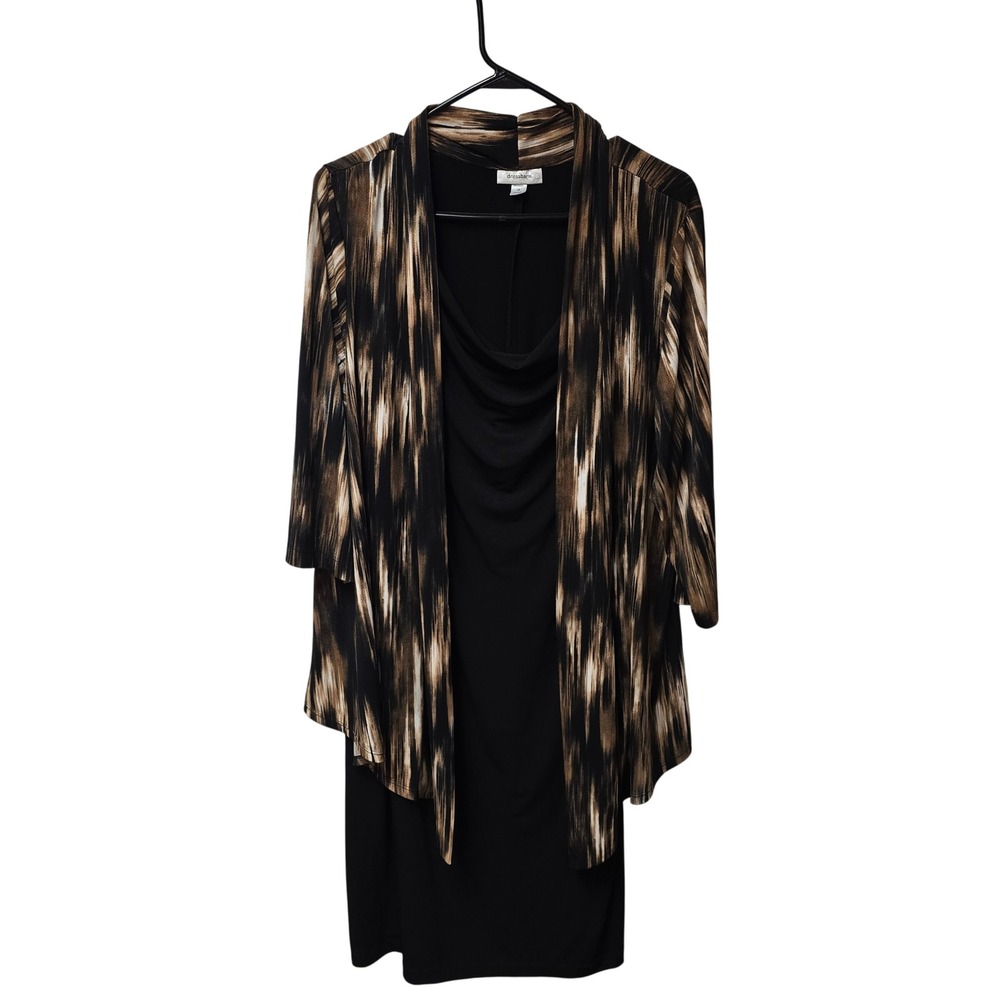 Dressbarn Woman Black‎ Brown Abstract Print Layered Cardigan Sheath Dress 18